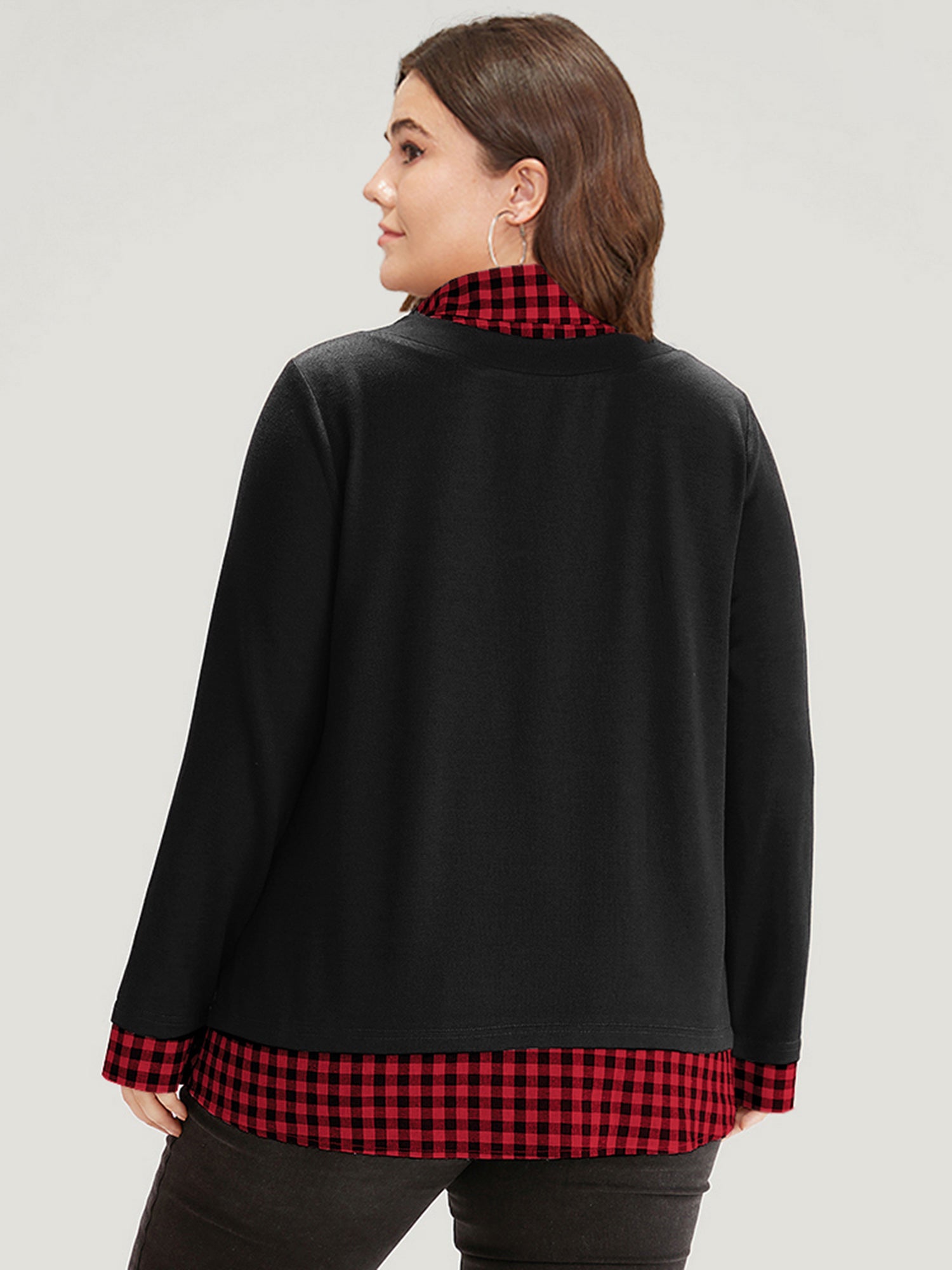 Gingham Patchwork Shirt Collar Arc Hem Sweatshirt