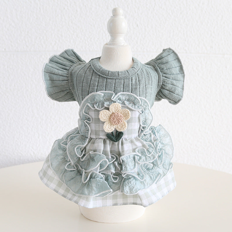 Sweet Flower Plaid Lace Dog Cat Dress