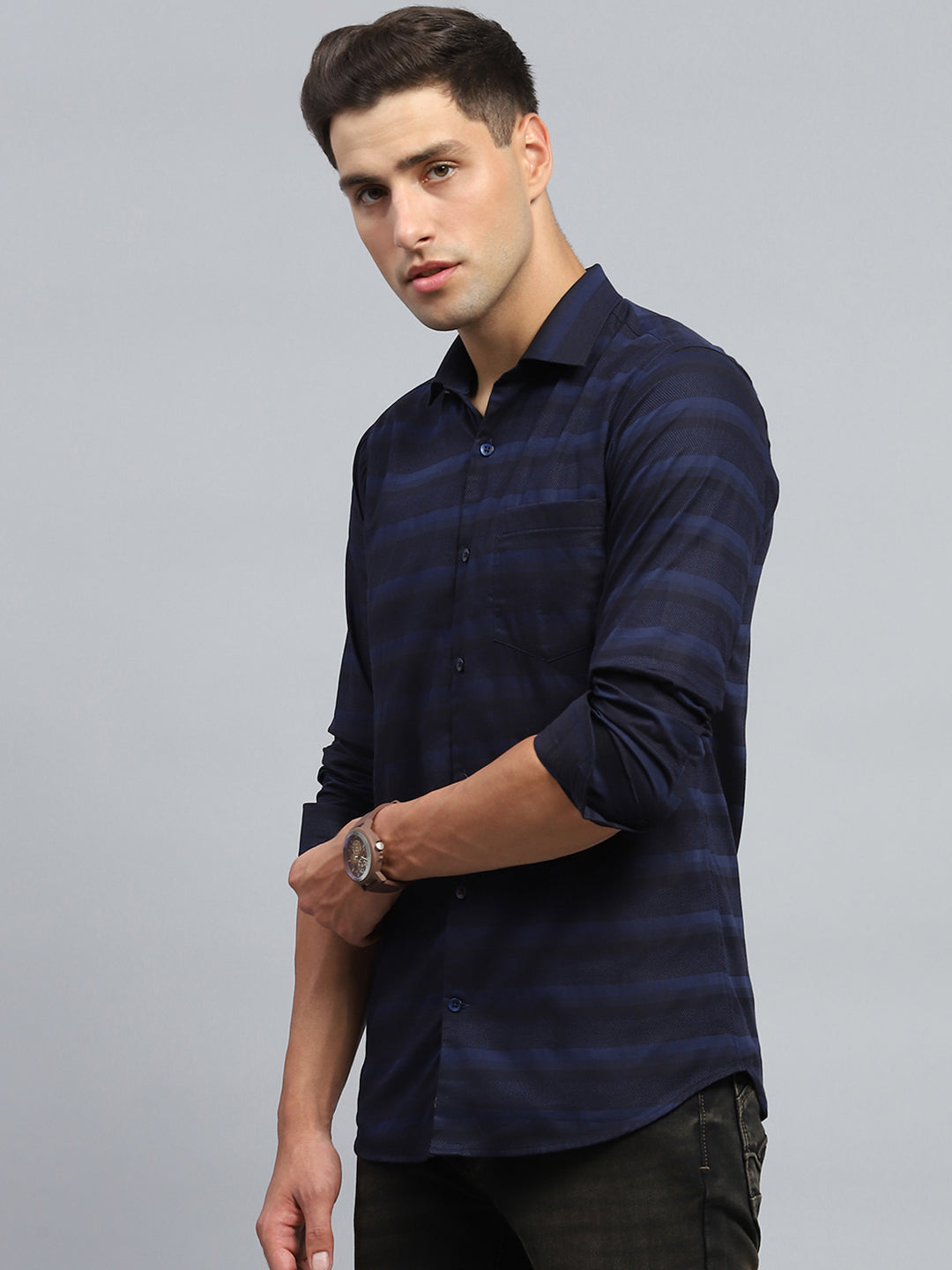 Men Navy Blue Stripe Collar Full Sleeve Shirt