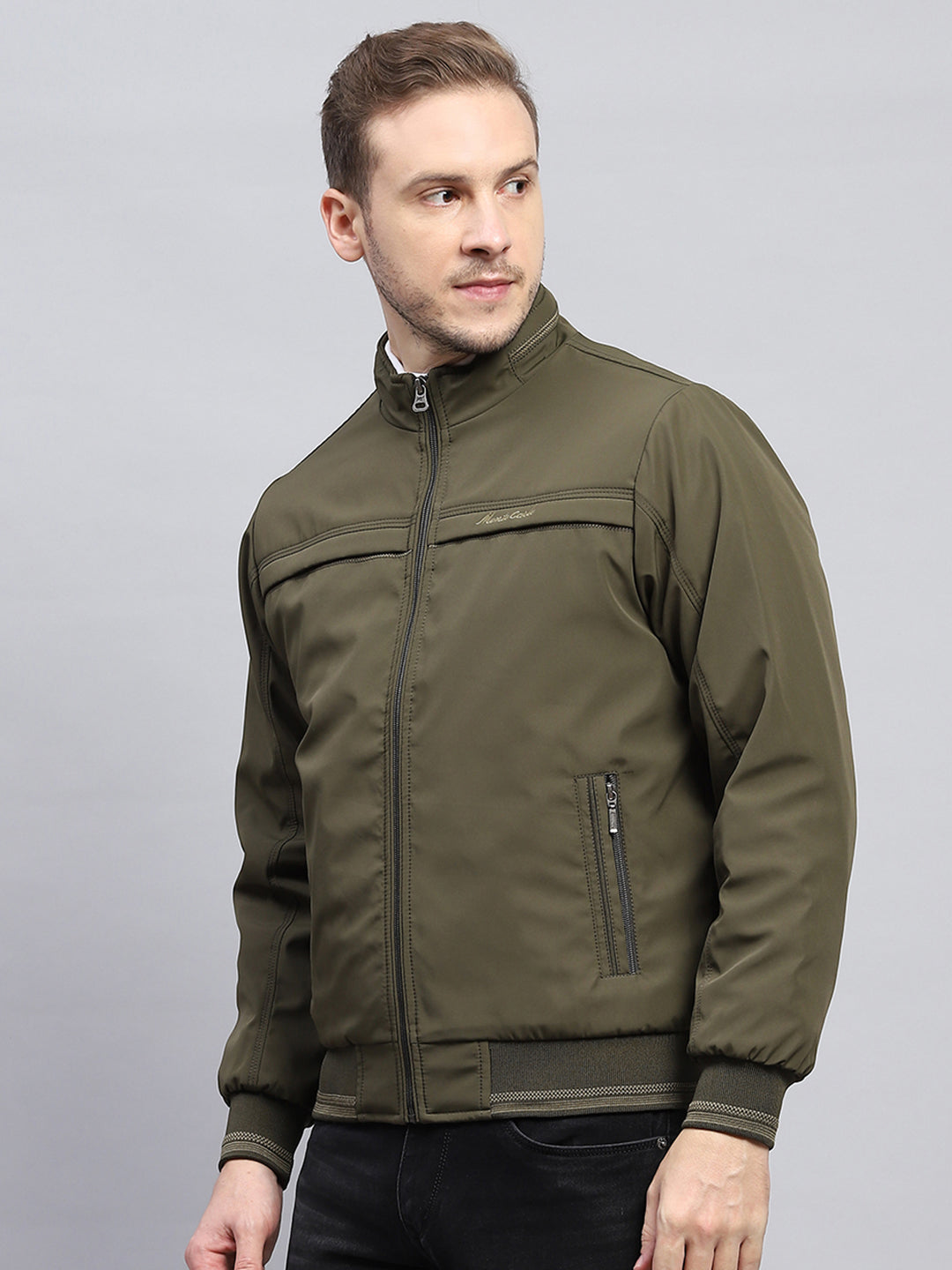 Men Olive Solid Mock Neck Full Sleeve Jacket