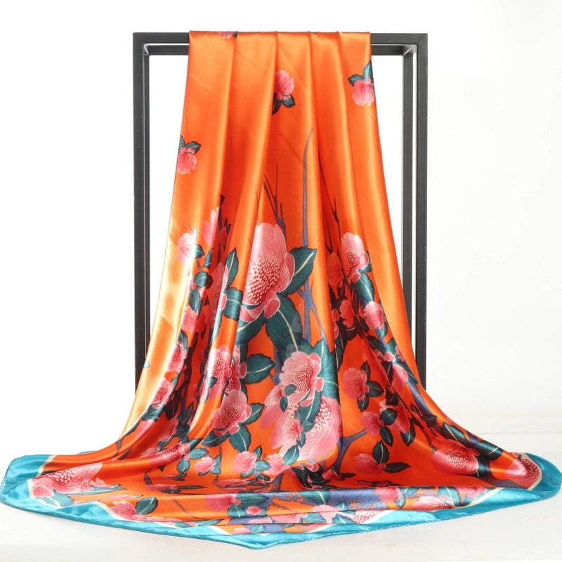Women's Elegant Formal Peacock Flower Satin Silk Scarf