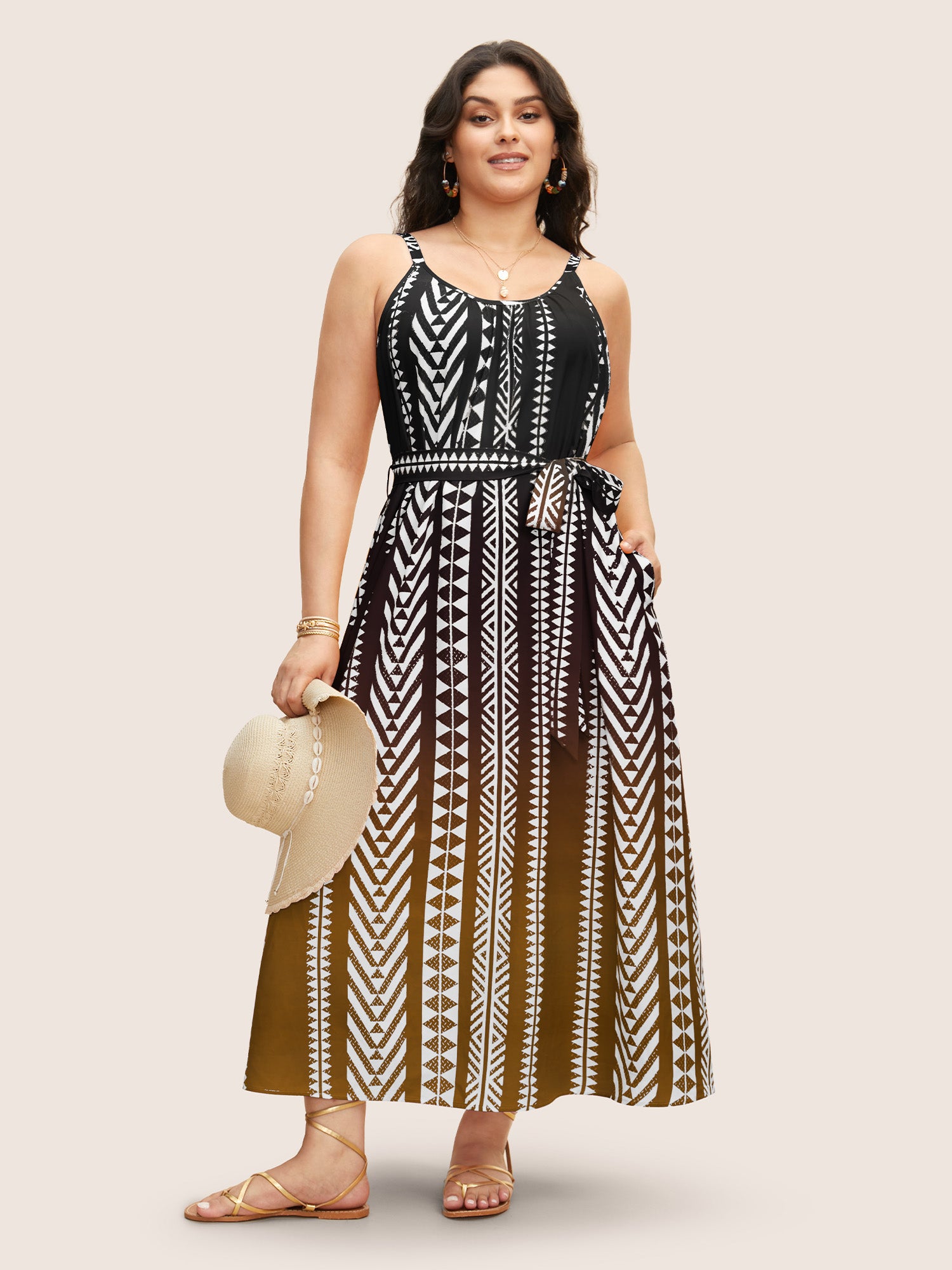 Ombre Contrast Geometric Belted Maxi Dress