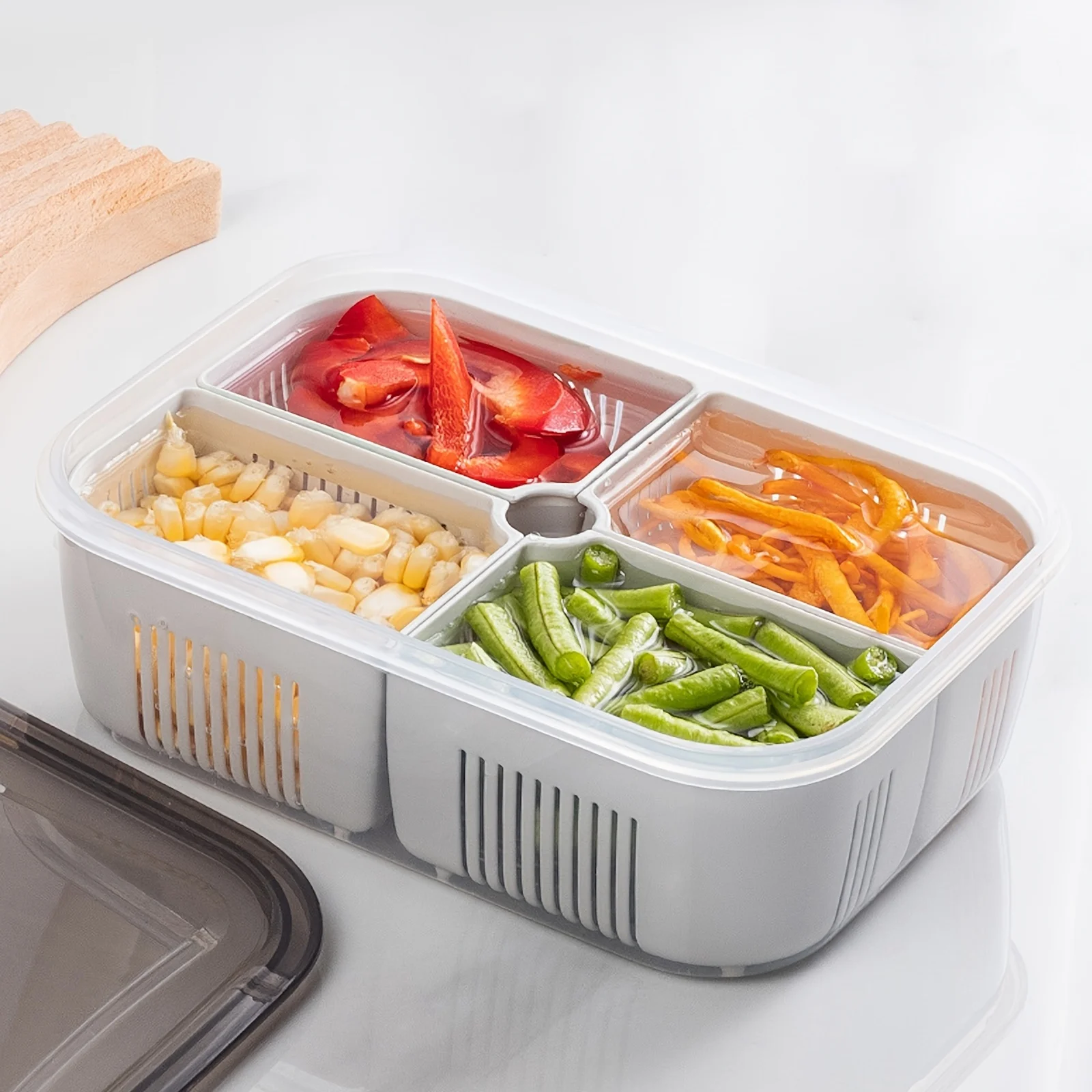 FRIDGE ORGANIZER. DIVIDED VEGETABLE & MEAT BOX. FOOD-GRADE. MICROWAVEABLE.