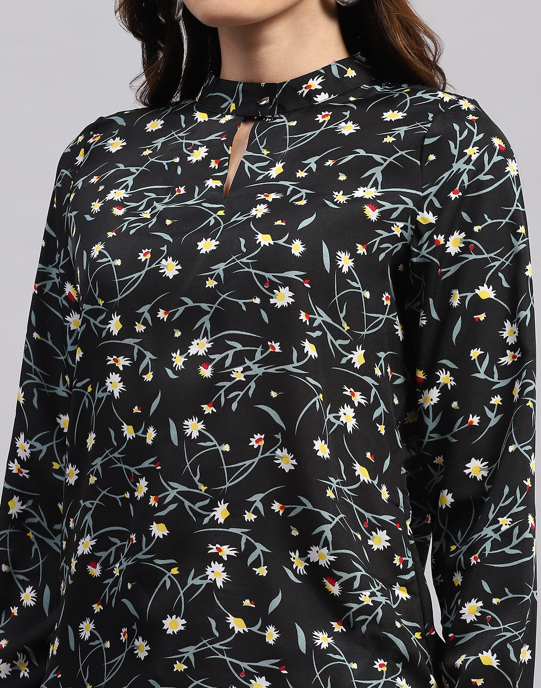 Women Black Printed Band Collar Full Sleeve Top