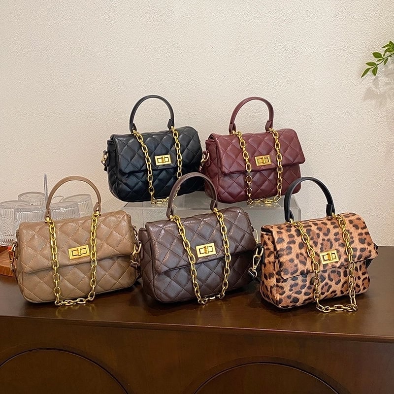 Women's Pu Leather Solid Color Lingge Leopard Vintage Style Vacation Square Flip Cover Shoulder Bag Handbag Crossbody Bag
