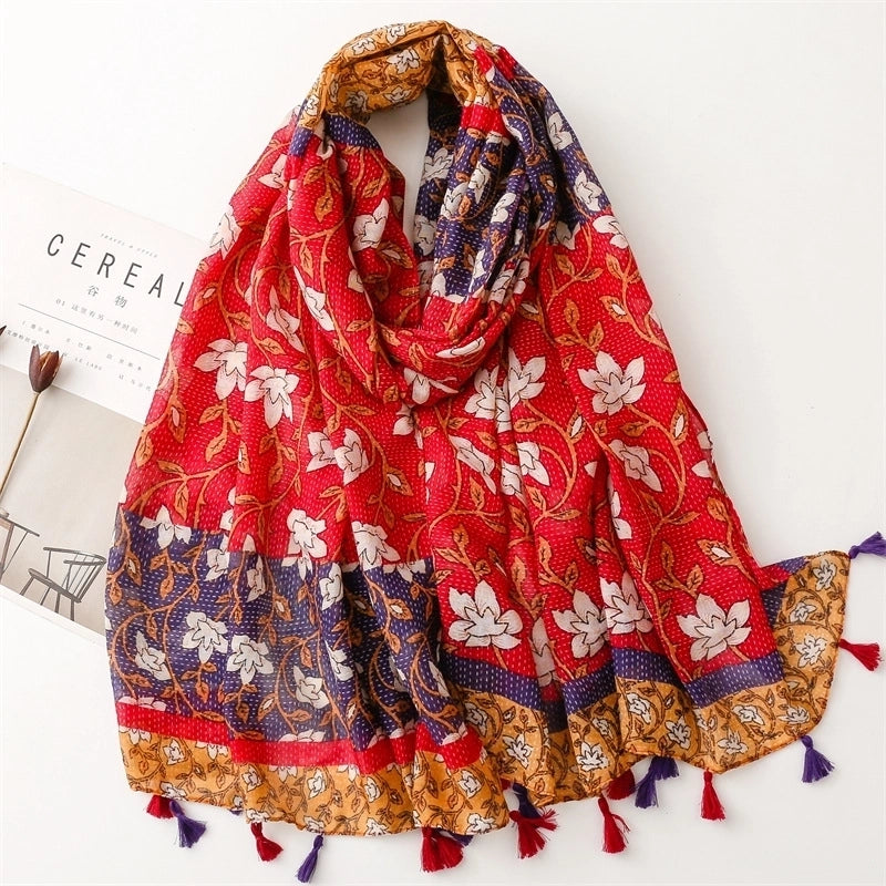 Yarn Cotton Fruit Green Bright Yellow Leaf Printing Tassel Scarf Shawl