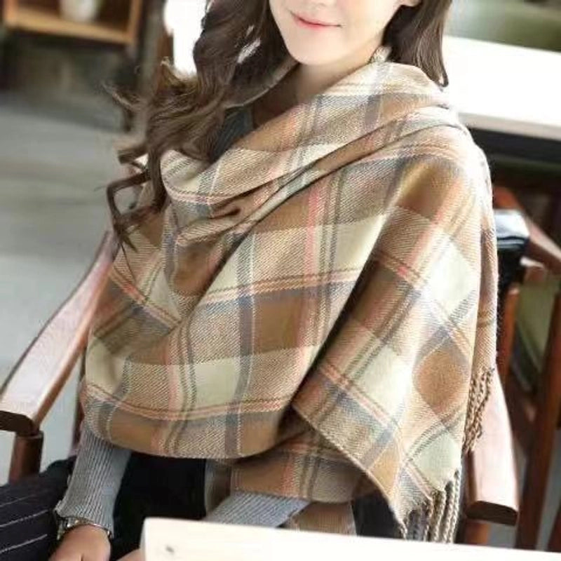 Plaid Scarf Women's Winter Versatile Student Scarf Cashmere Tassel Dual-use Warm Plaid Shawl