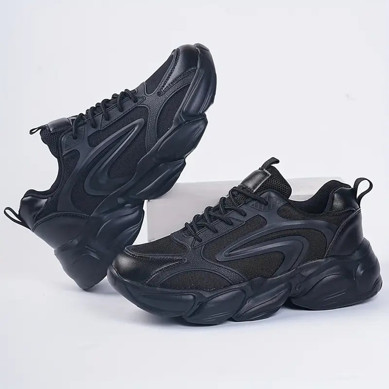 2025 New Men's Chunky Platform Sneakers - Black EVA & Fabric Low-Top Casual Shoes with Lace-Up Closure, Breathable Comfort for Running, Daily Wear & Street Style