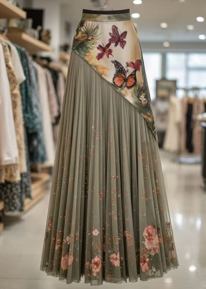 Stylish Green Asymmetrical Print Tulle Patchwork Pleated Skirt Summer
