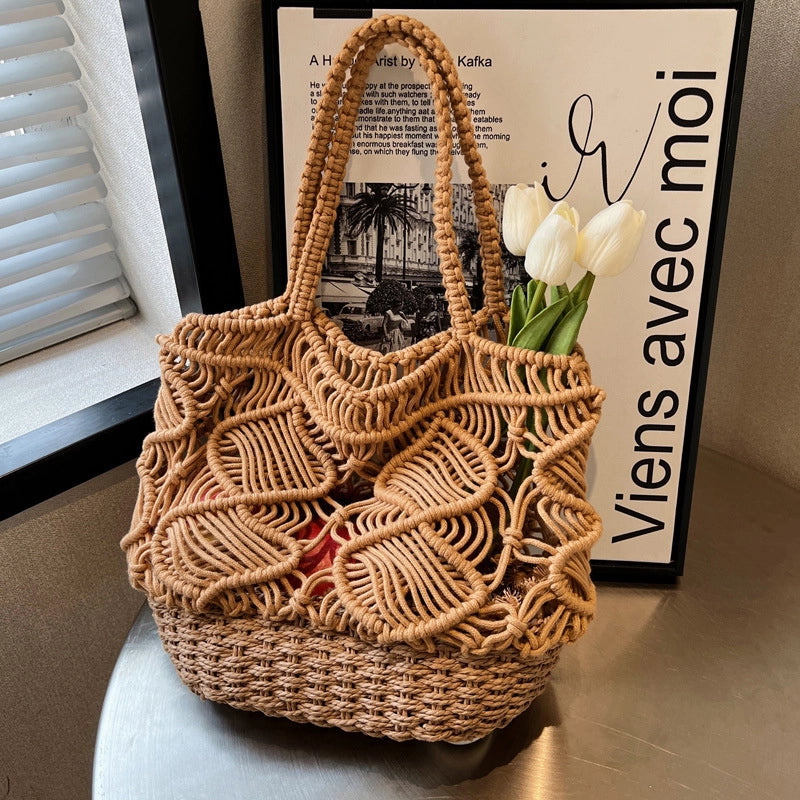 Women's Medium Spring&summer Cotton Solid Color Vacation Bucket Open Tote Bag