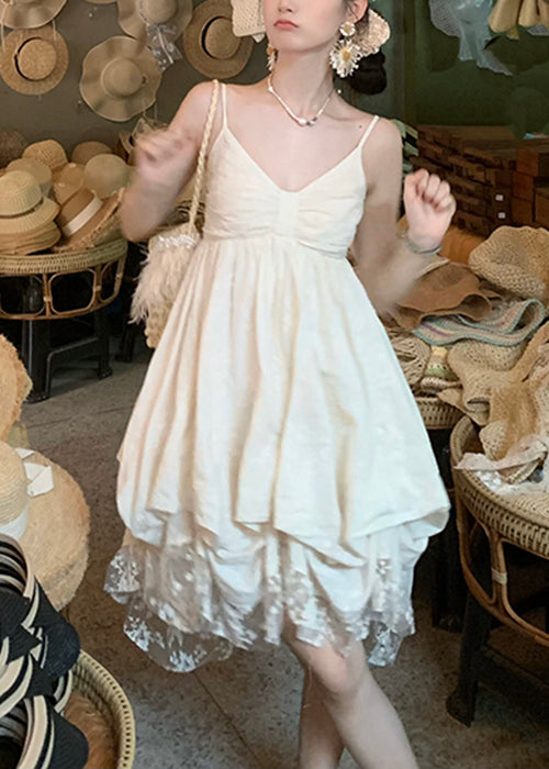 Elegant Beige V Neck Lace Cotton Mini Dresses Sleeveless