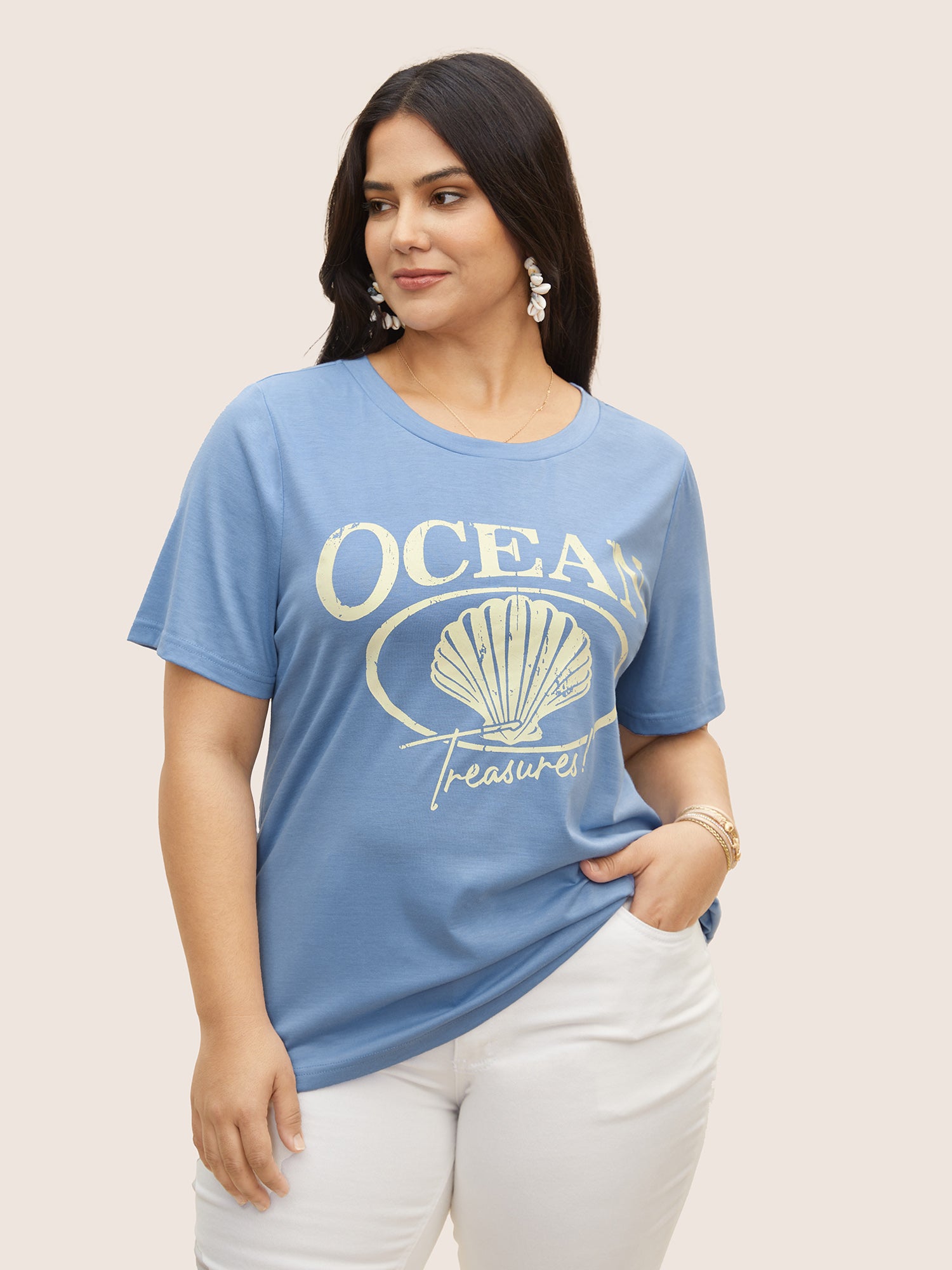 Round Neck Sea Shells Print T-shirt