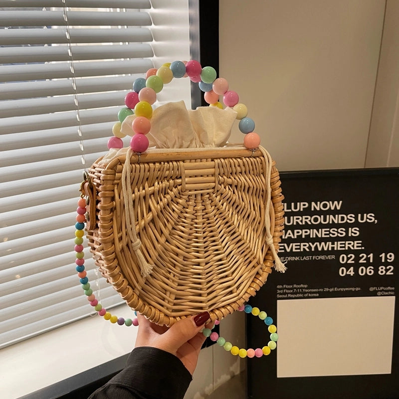 Women's Medium Straw Solid Color Vacation Beach Beading Weave String Straw Bag