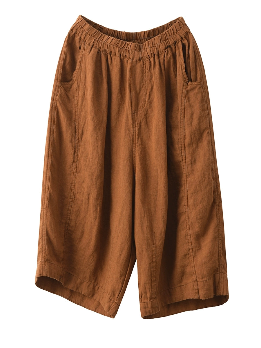 Women Summer Vintage 100%Linen Wide-leg Cropped Pants