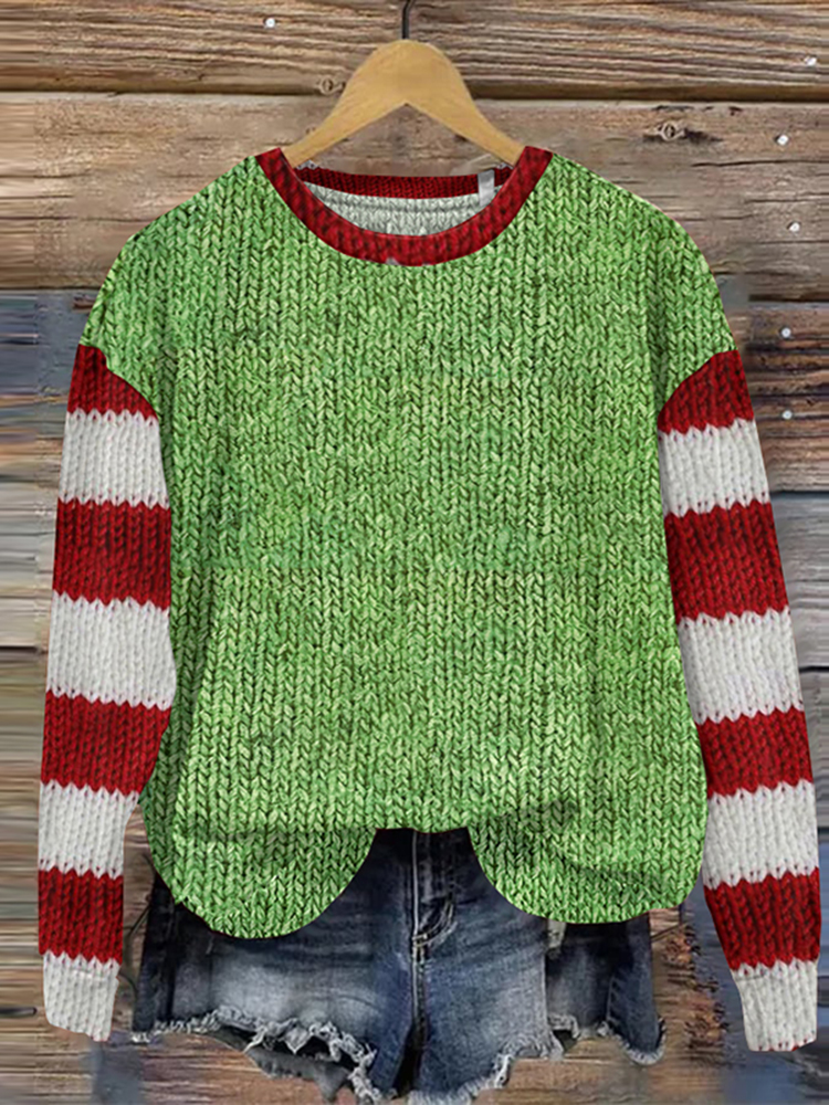 Christmas Contrast Stripe Print Sweater