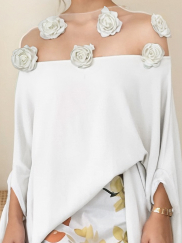 Batwing Sleeves Loose Floral See-Through Split-Joint Three-Dimensional Flower Round-Neck Blouses&Shirts Tops