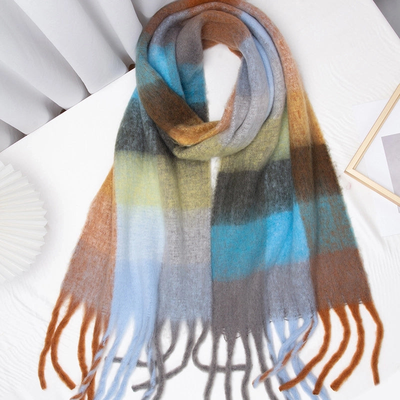 Autumn And Winter New Thick Warm Color Plaid Scarf Loop Yarn Thick Tassel Color Matching Ac Shawl Scarf Women