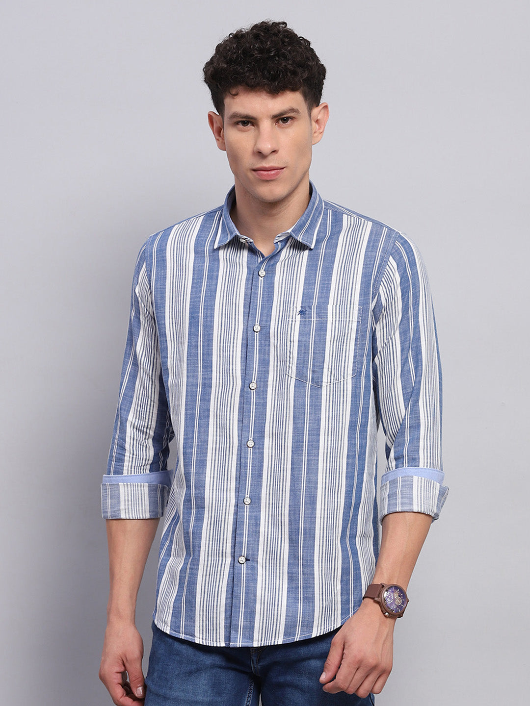 Men Blue Stripe Collar Full Sleeve Shirt