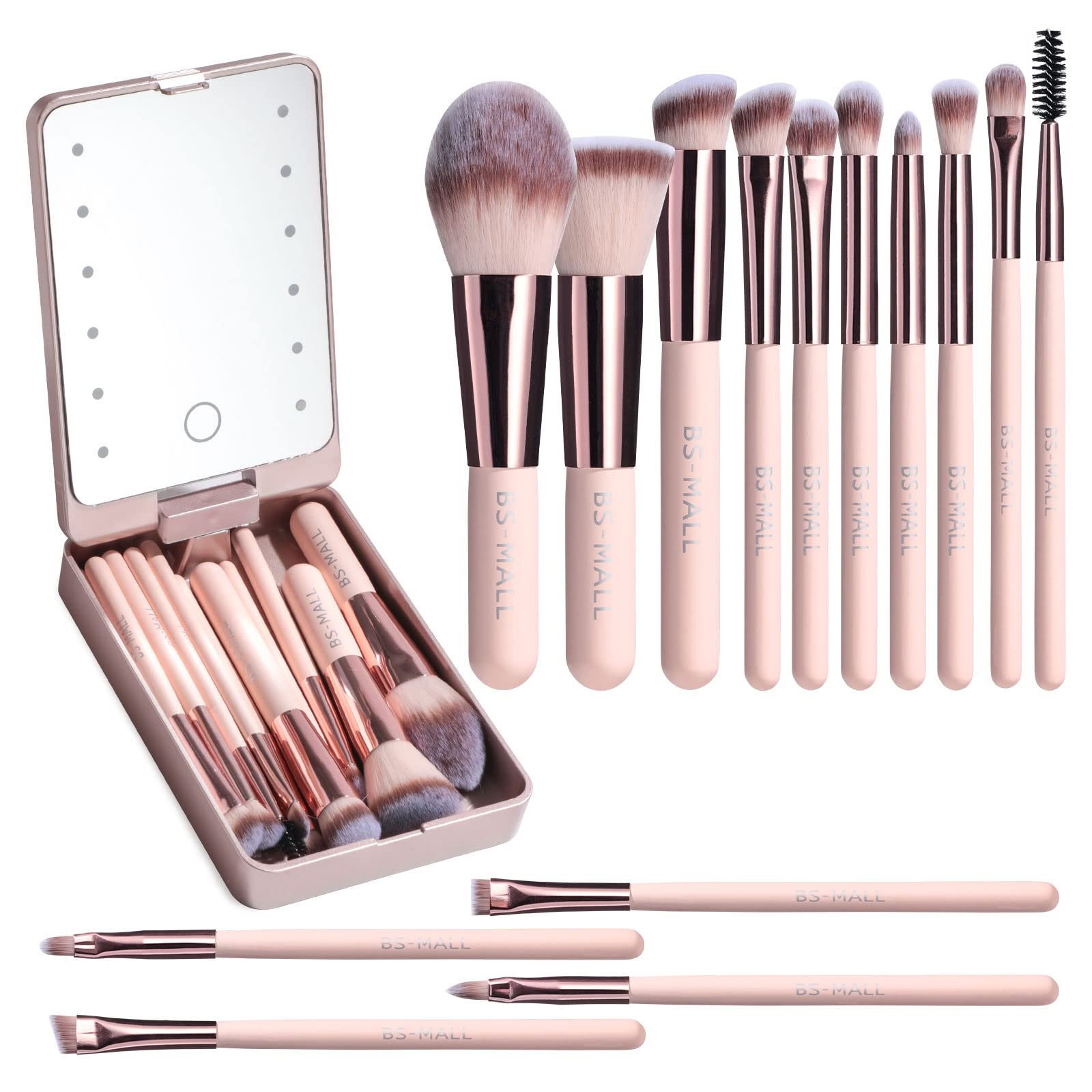 ✨Travel Makeup Brush Set With LED Light Mirror (🔥14PCS Brushes And 🎁Free Makeup Sponge)