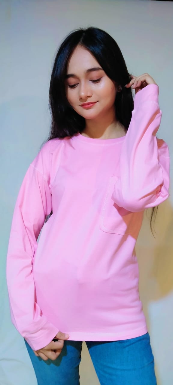 DROP SHOULDER T-SHIRTS TOP-STITCHING POCKET PATCHED TEE-PINK