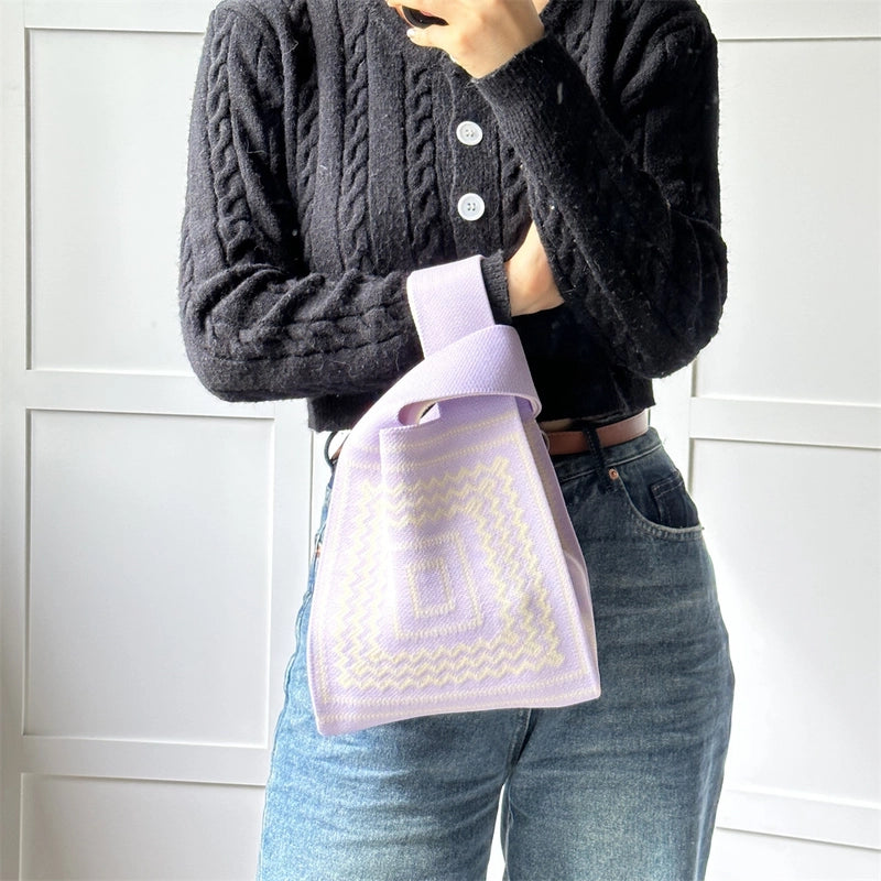 Women's Small Knit Printing Lattice Flower Elegant Classic Style Square Open Handbag