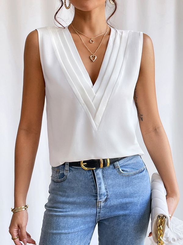 Loose Sleeveless Layered Solid Color V-Neck Vest Top
