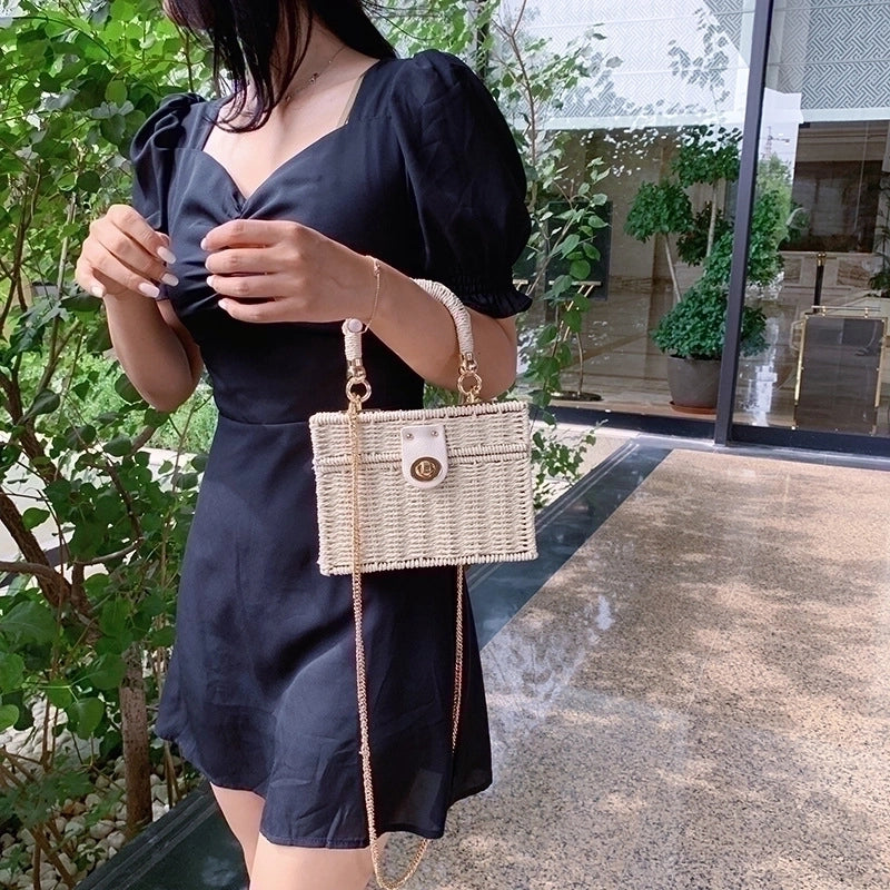 Medium Straw Solid Color Square Buckle Straw Bag