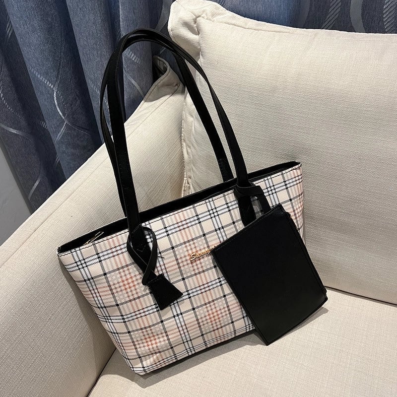 Women's Large Pu Leather Stripe Basic Vintage Style Zipper Tote Bag