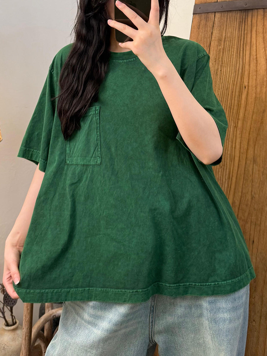 Women Summer Retro Pure Color Cotton O-Neck Shirt