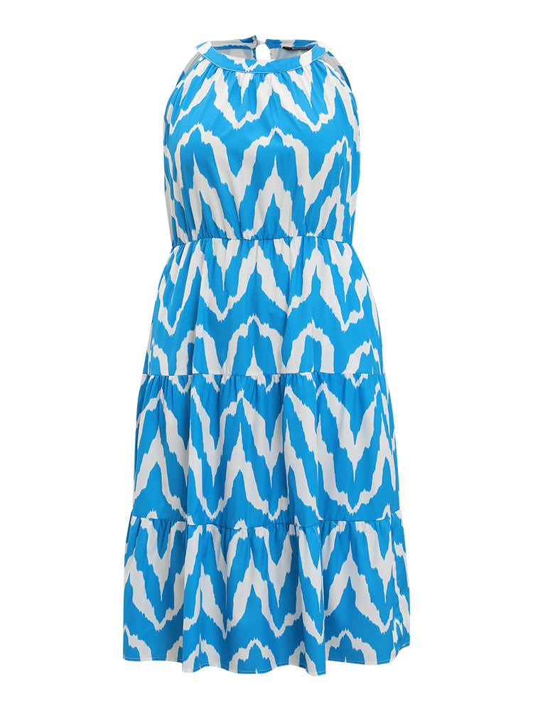 Geometric Print Halter Pocket Ruffle Tiered Dress