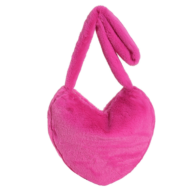 Women's Medium All Seasons Plush Heart Shape Streetwear Heart-shaped Zipper Shoulder Bag