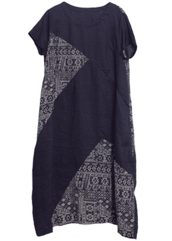 Loose Black O-Neck Patchwork Pockets Summer Holiday Dress Short Sleeve