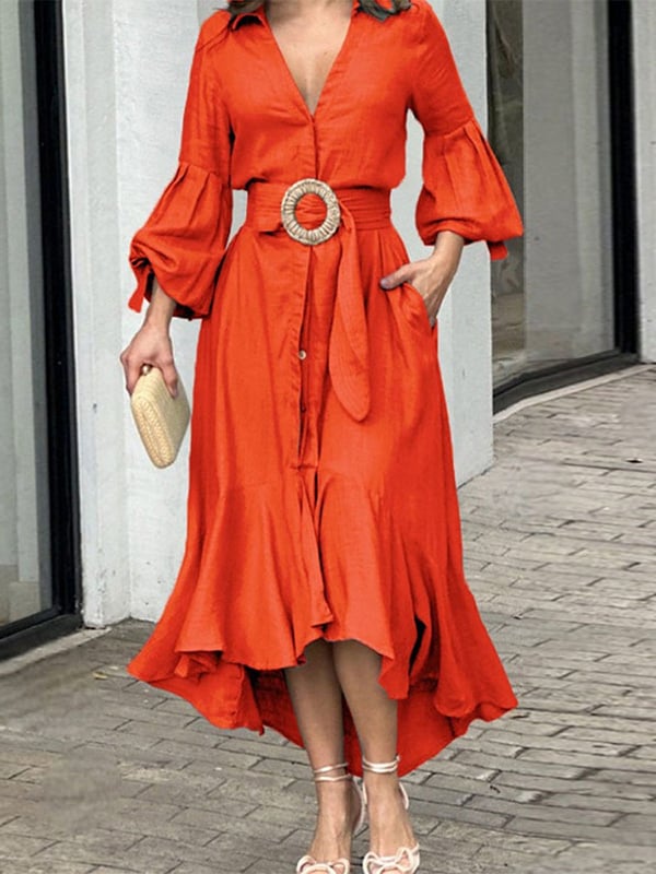 High-Low Puff Sleeves Pleated Solid Color Lapel Collar Maxi Dresses