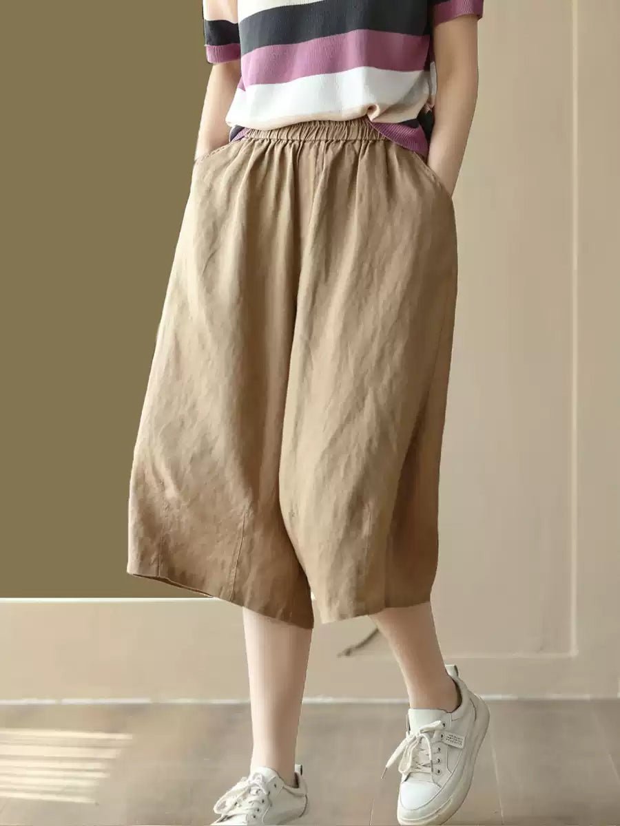 Women Summer  100%Linen Pure Color Wide-leg Capri Trousers