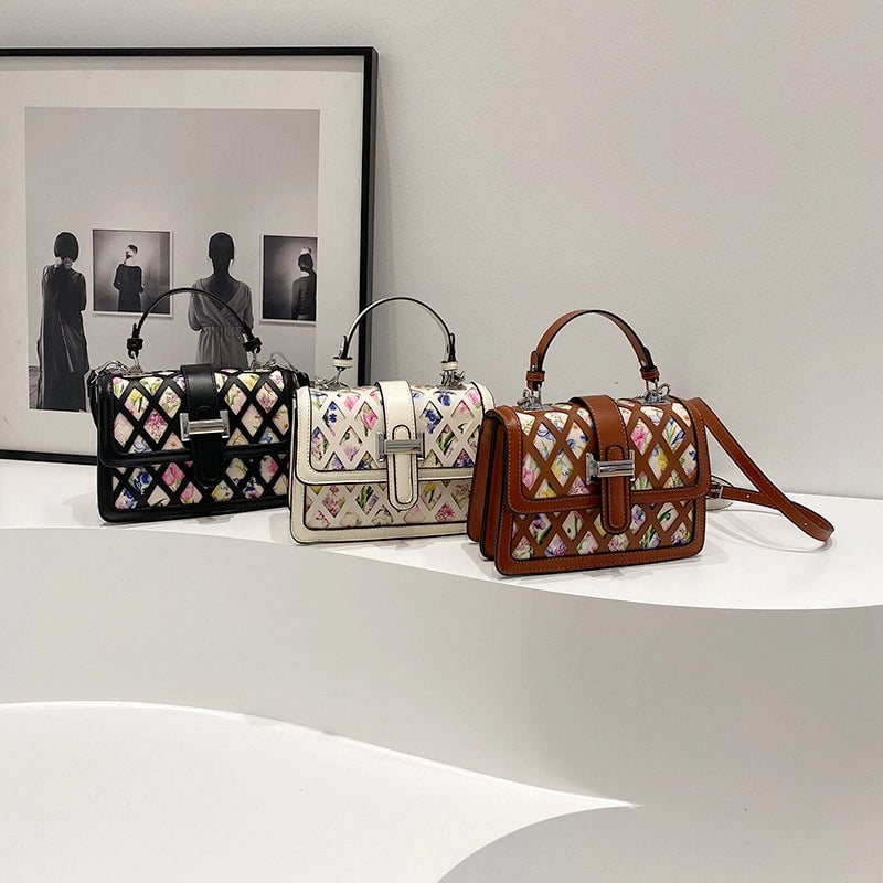 Women's Small Pu Leather Printing Elegant Square Magnetic Buckle Handbag