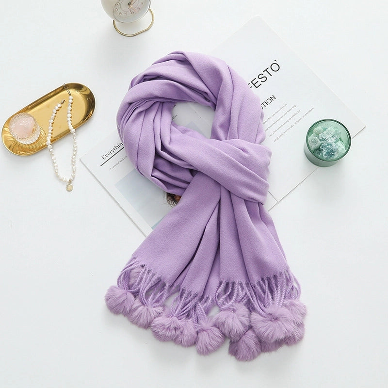 Cashmere Scarf Women's Winter New Imitation Cashmere Scarf Fur Ball Shawl Thickened Solid Color Wool Scarf