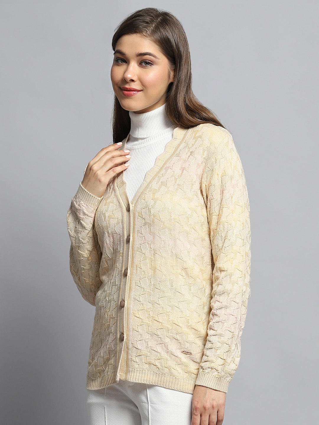 Women Beige Self Design V Neck Full Sleeve Cardigan