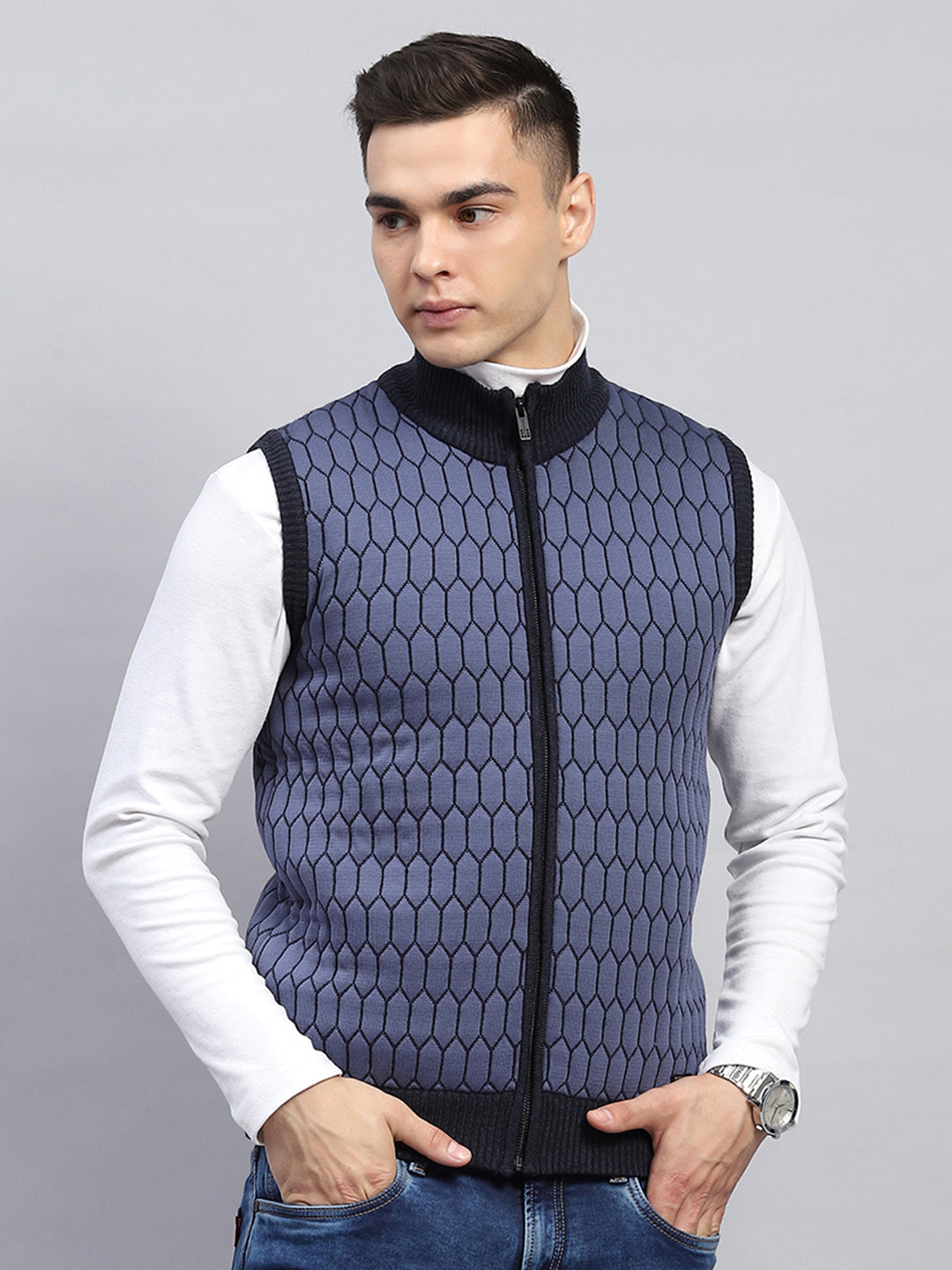 Men Navy Blue Self Design Mock Neck Sleeveless Jacket