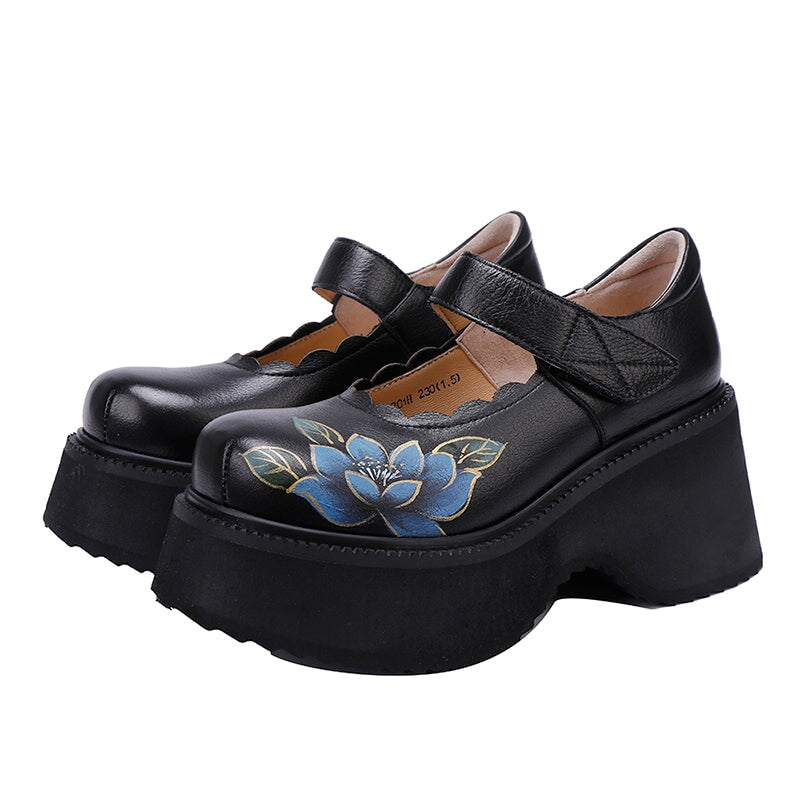 Retro Cowhide Leather Mary Jane 70mm Platform Shoes with Floral Print in Black