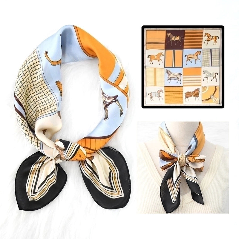 2 Pieces Women's Elegant Plaid Flower Horse Satin Silk Scarf