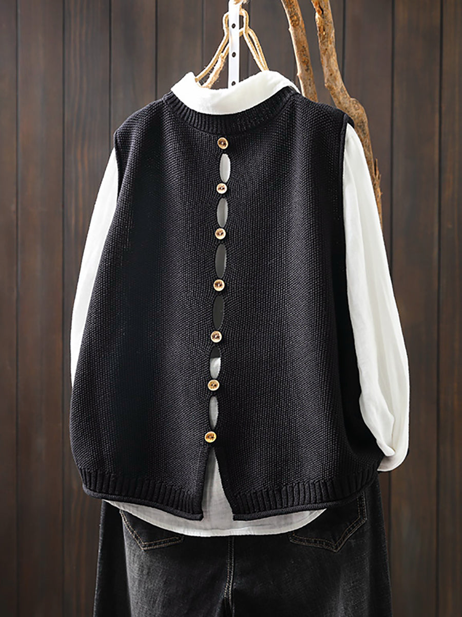 Women Vintage Pure Color Button Knit Vest