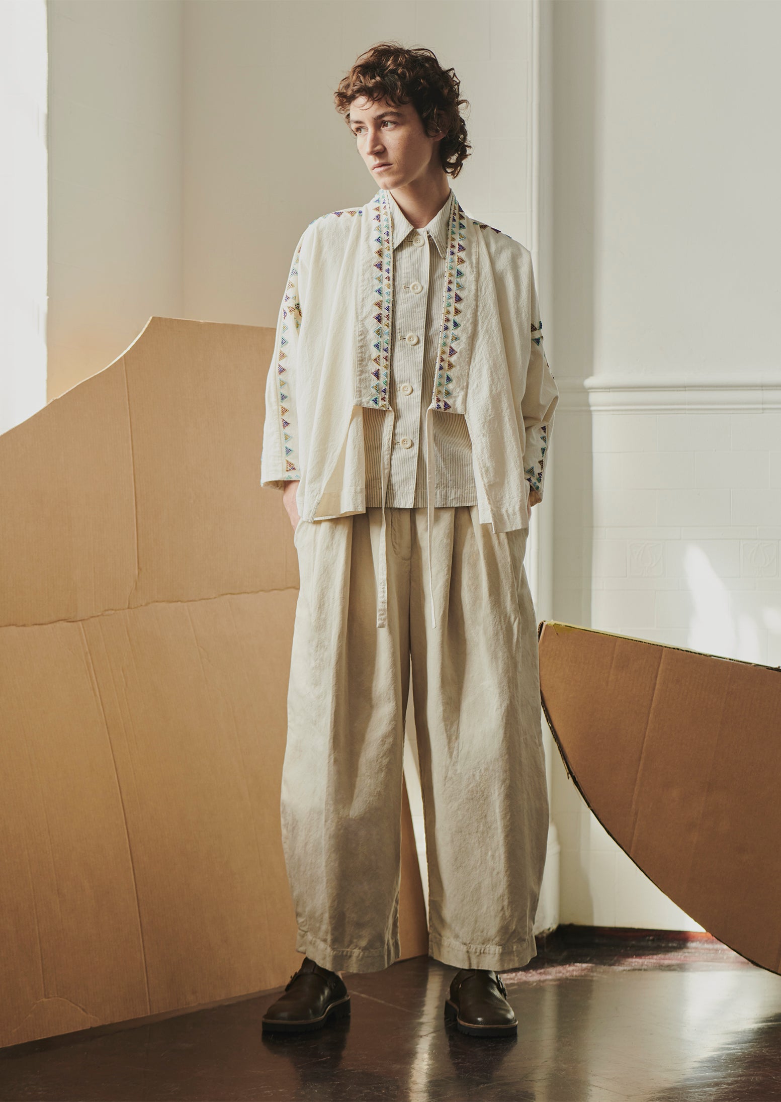 Hand Beaded Cotton Wrap Jacket | Chalk
