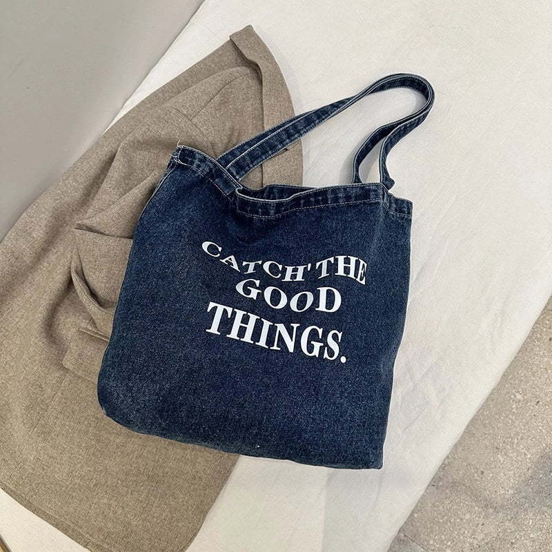 Women's Denim Letter Vintage Style Sewing Thread Square Magnetic Buckle Tote Bag