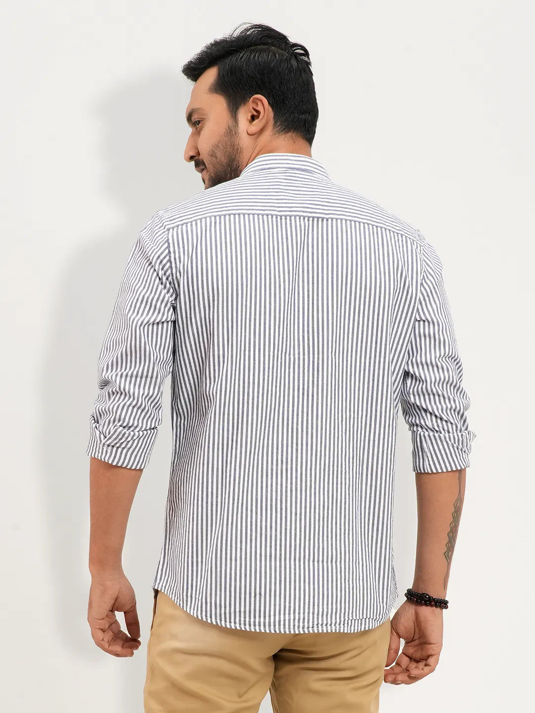 Men's Band Collar Stripe Casual Shirt