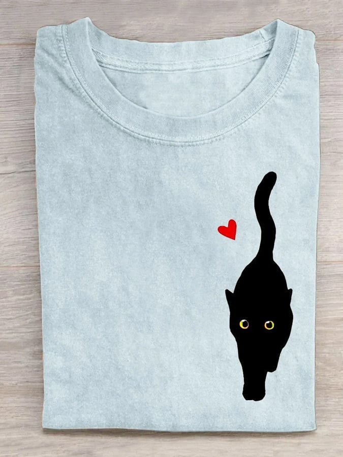 Women's Couple With Hearts And Black Cat Art Print T-Shirt