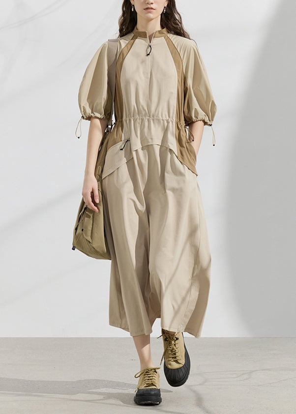 Original Design Khaki Drawstring Patchwork Cotton Dresses Summer