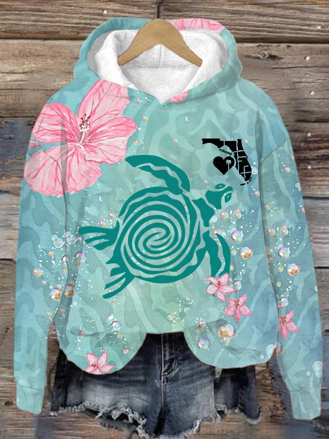 Women's Florida Strong Sanibel Island Seaturtle Print Hoodie