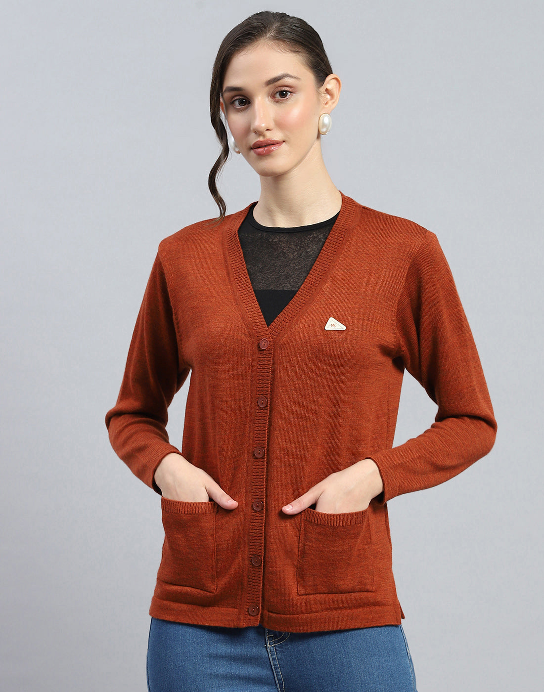 Women Brown Solid V Neck Full Sleeve Cardigan