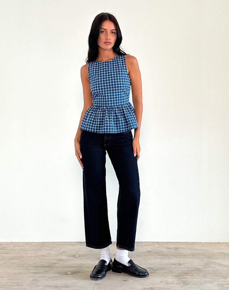 Lanzo Tie Back Top in Poplin Navy Tartan