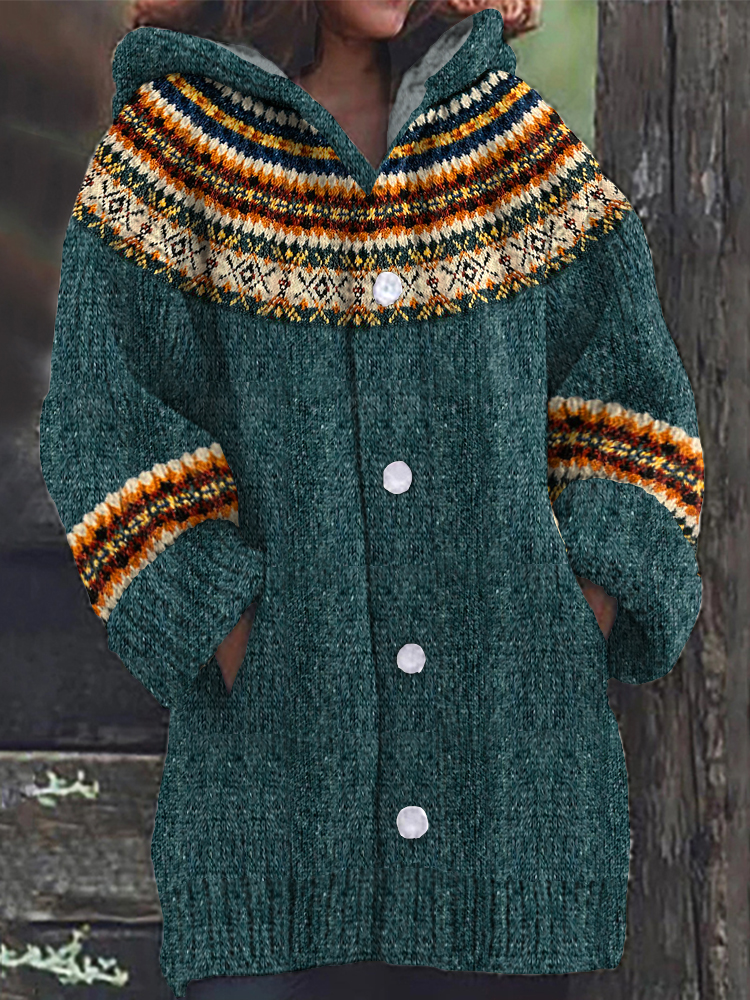 Icelandic Ethnic Print Long Sleeve Knitted Hooded Cardigan